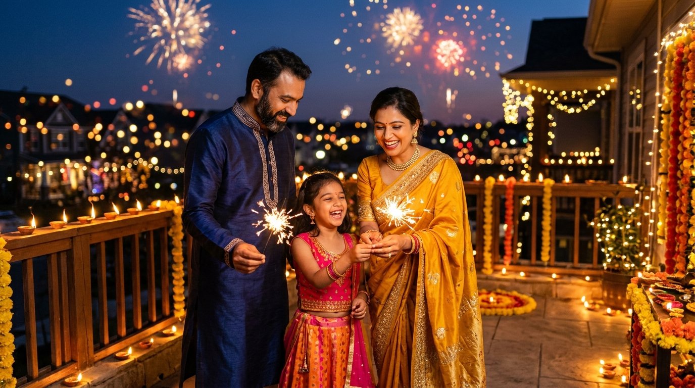 Indian family celebrating Diwali with sparklers and diyas